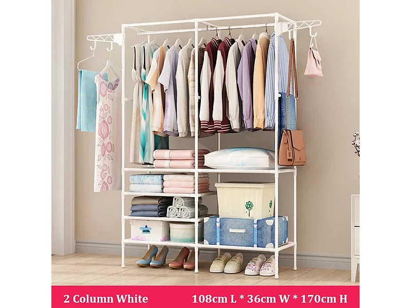 Soporte moderno de la barra doble con ganchos, ropa, ropa de vestuario, guardarropa 108x36x170cm - blanco