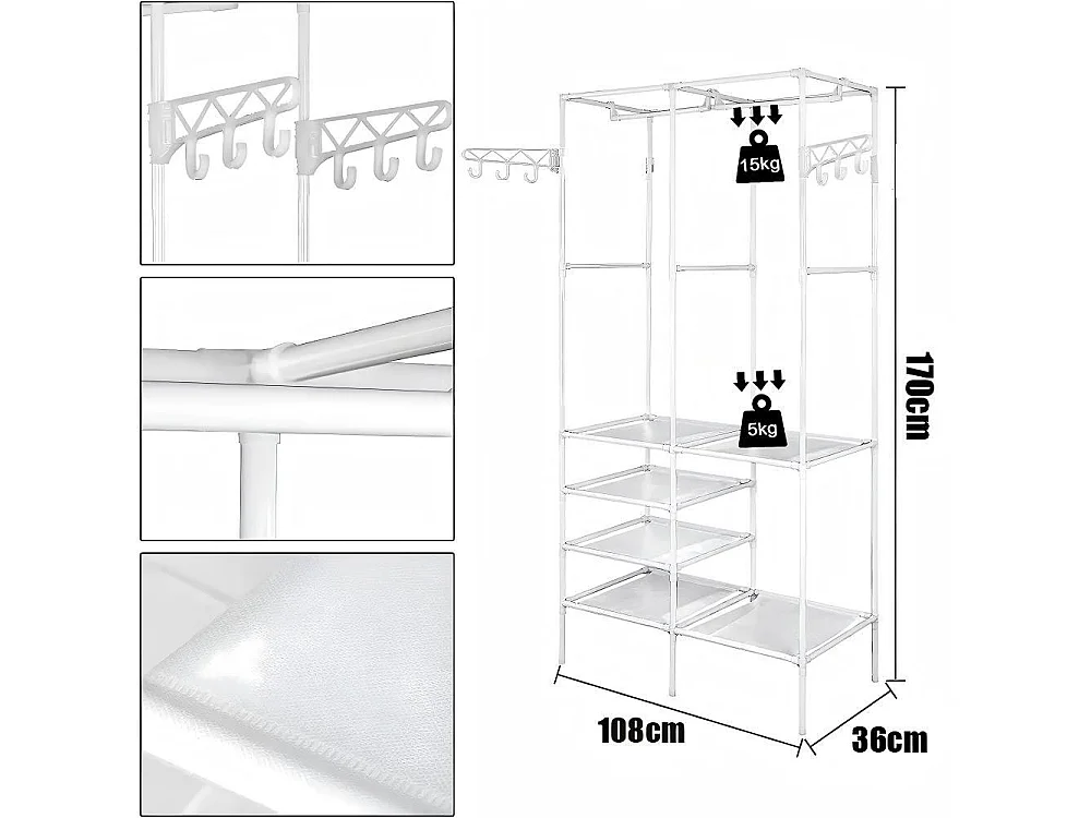Soporte moderno de la barra doble con ganchos, ropa, ropa de vestuario, guardarropa 108x36x170cm - blanco