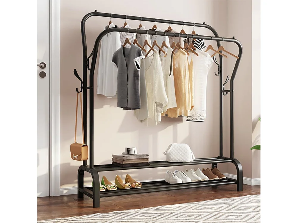 Kapstok Dubbel Kledingrek met Schoenenplank 4 Haken Garderobe,110x35x146cm - Zwart