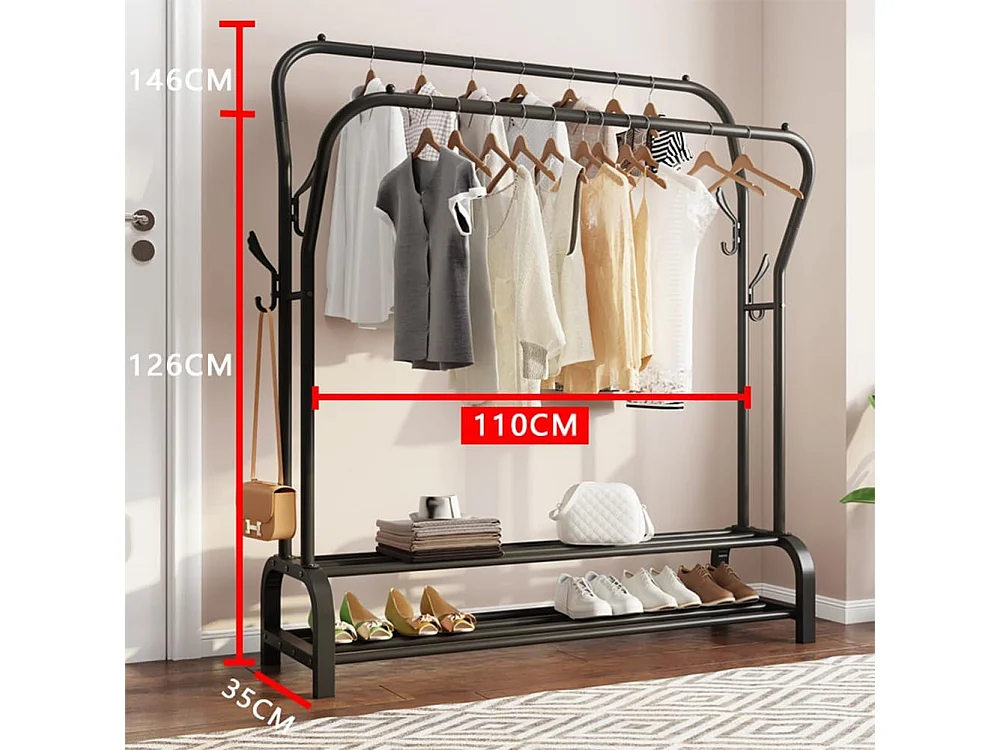 Kapstok Dubbel Kledingrek met Schoenenplank 4 Haken Garderobe,110x35x146cm - Zwart