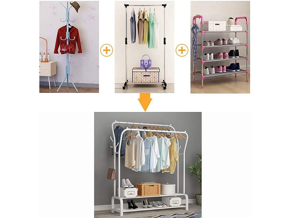 Kapstok Dubbel Kledingrek met Schoenenplank 4 Haken Garderobe,110x35x146cm - Zwart