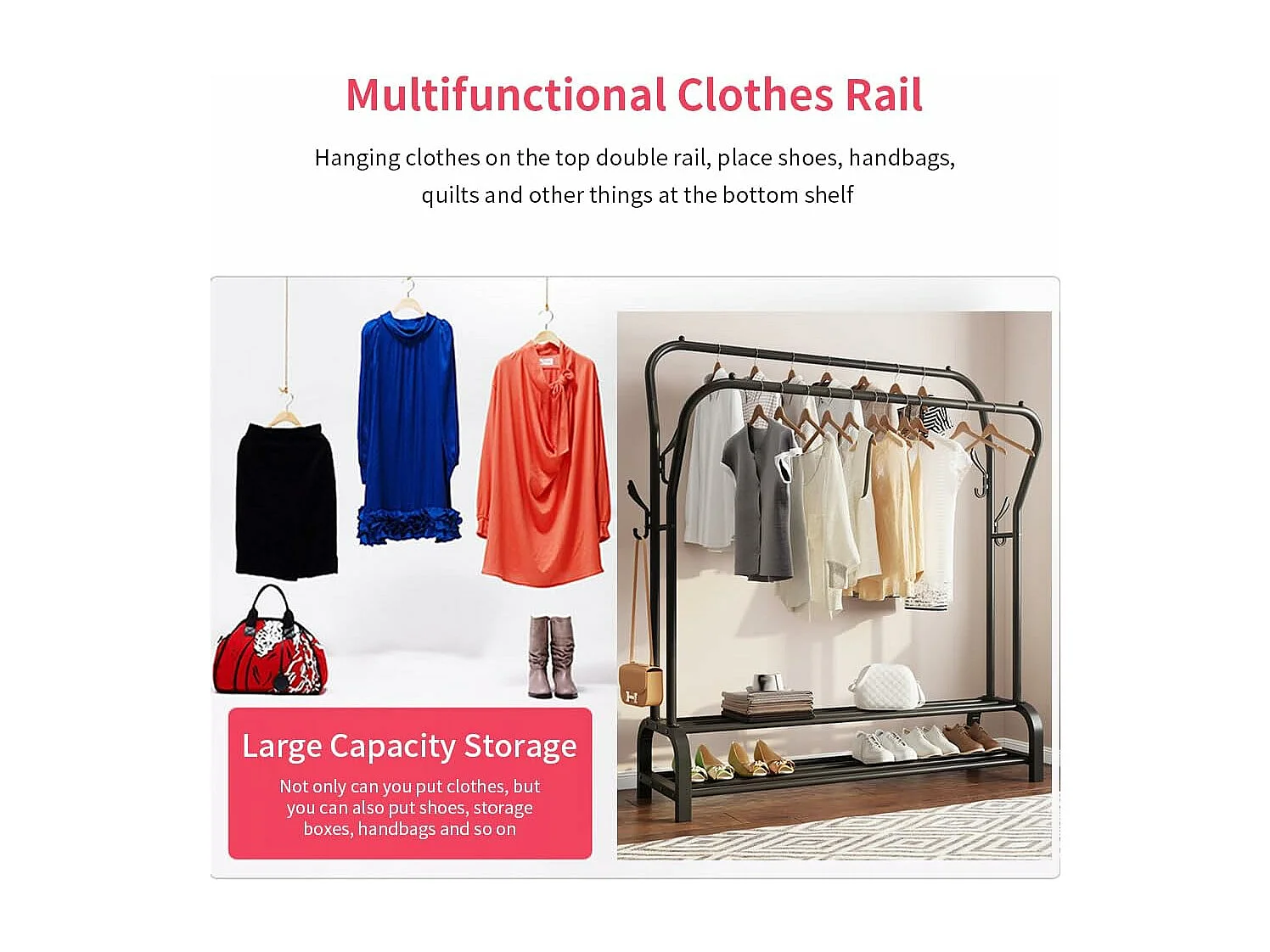 Porte-Manteau Portant-vêtements Double avec étagère de Chaussures 4 Crochets Vestiaire,110x35x146cm - Noir