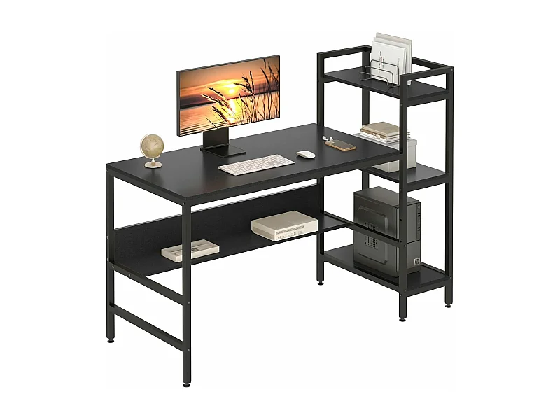 Computerbureau met opbergplanken, houten computerbureau voor slaapkamer woonkamer 136x60x111cm - zwart