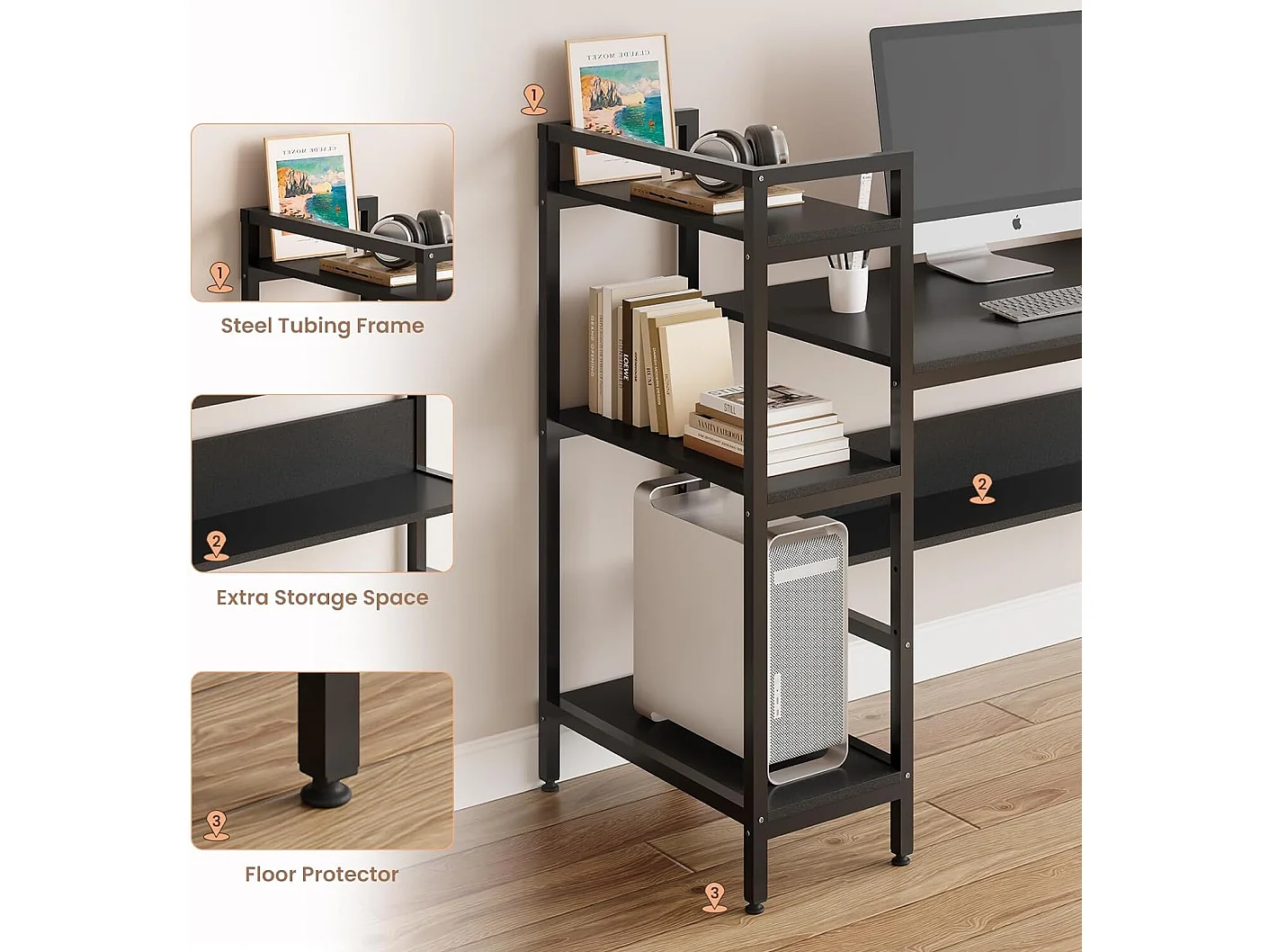 Computerbureau met opbergplanken, houten computerbureau voor slaapkamer woonkamer 136x60x111cm - zwart