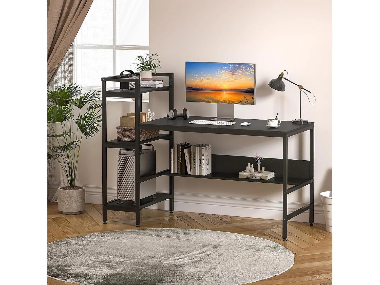 Computerbureau met opbergplanken, houten computerbureau voor slaapkamer woonkamer 136x60x111cm - zwart