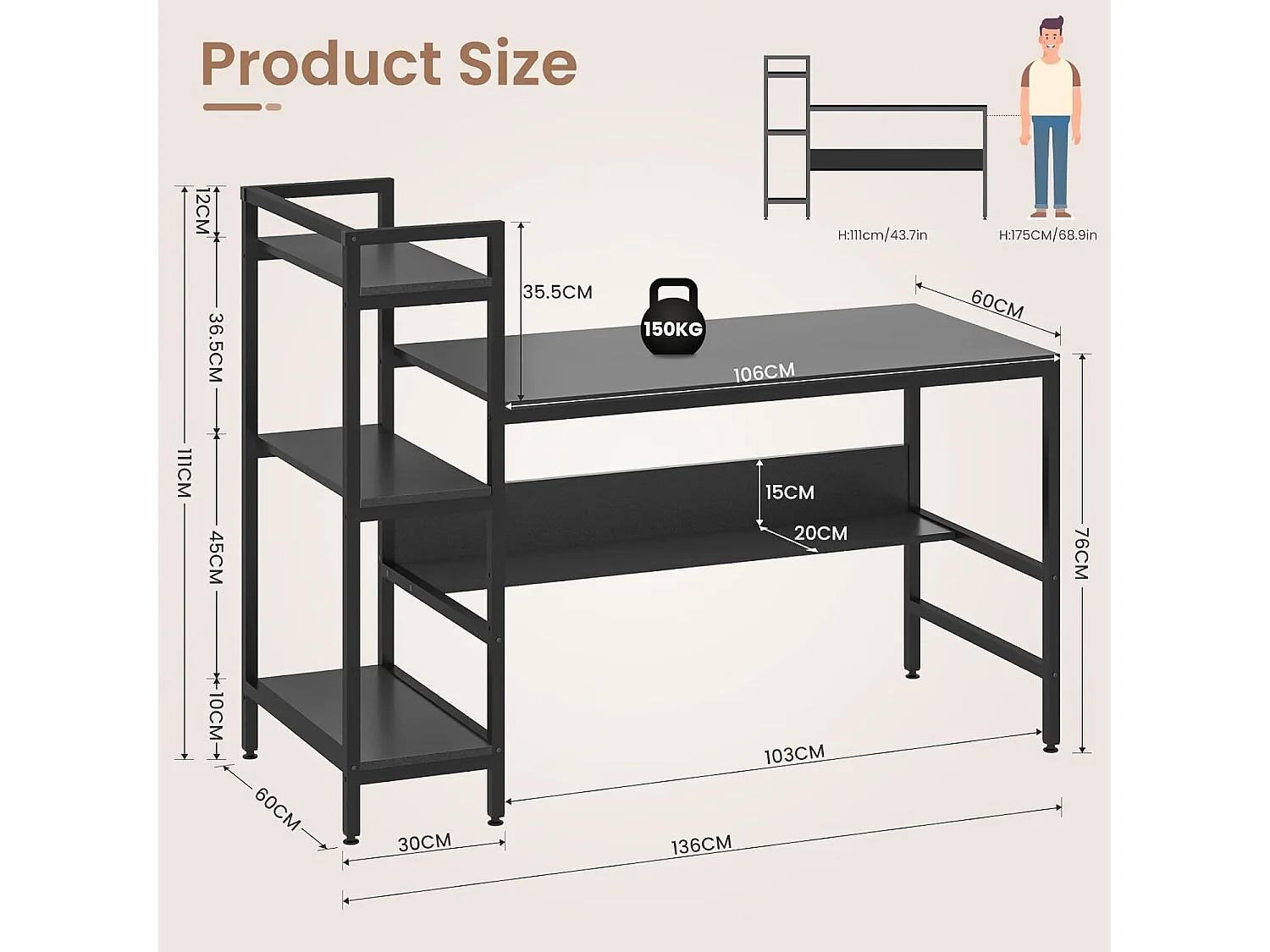 Computerbureau met opbergplanken, houten computerbureau voor slaapkamer woonkamer 136x60x111cm - zwart
