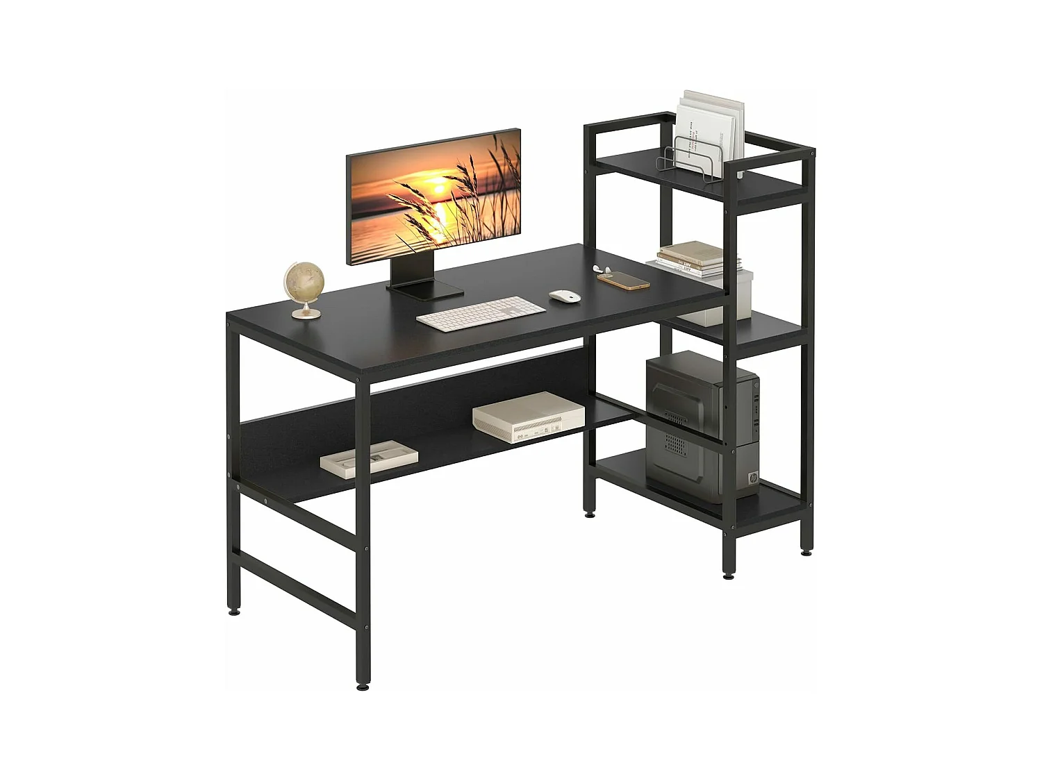 Bureau Informatique avec Etagères de Rangement, Bureau d'Ordinateur en Bois pour Chambre Salon 136x60x111cm - Noir