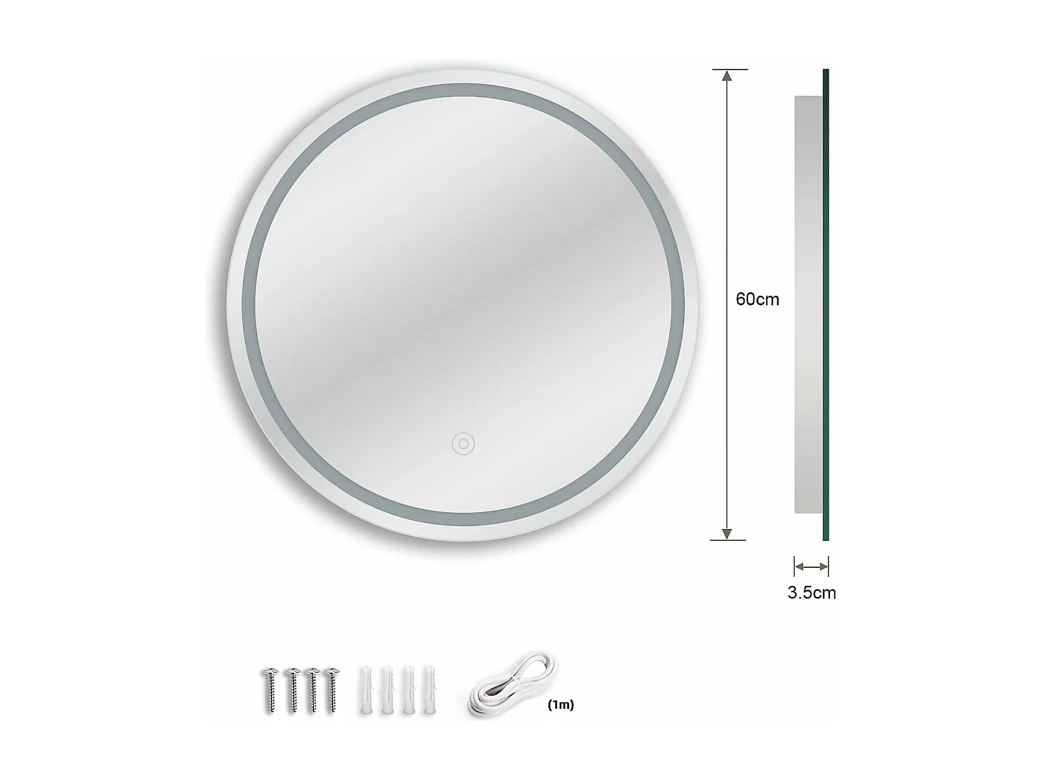 Miroir rond avec éclairage,Miroir de salle de bain LED avec interrupteur tactile,anti-buée,Blanc 60 x 60 cm