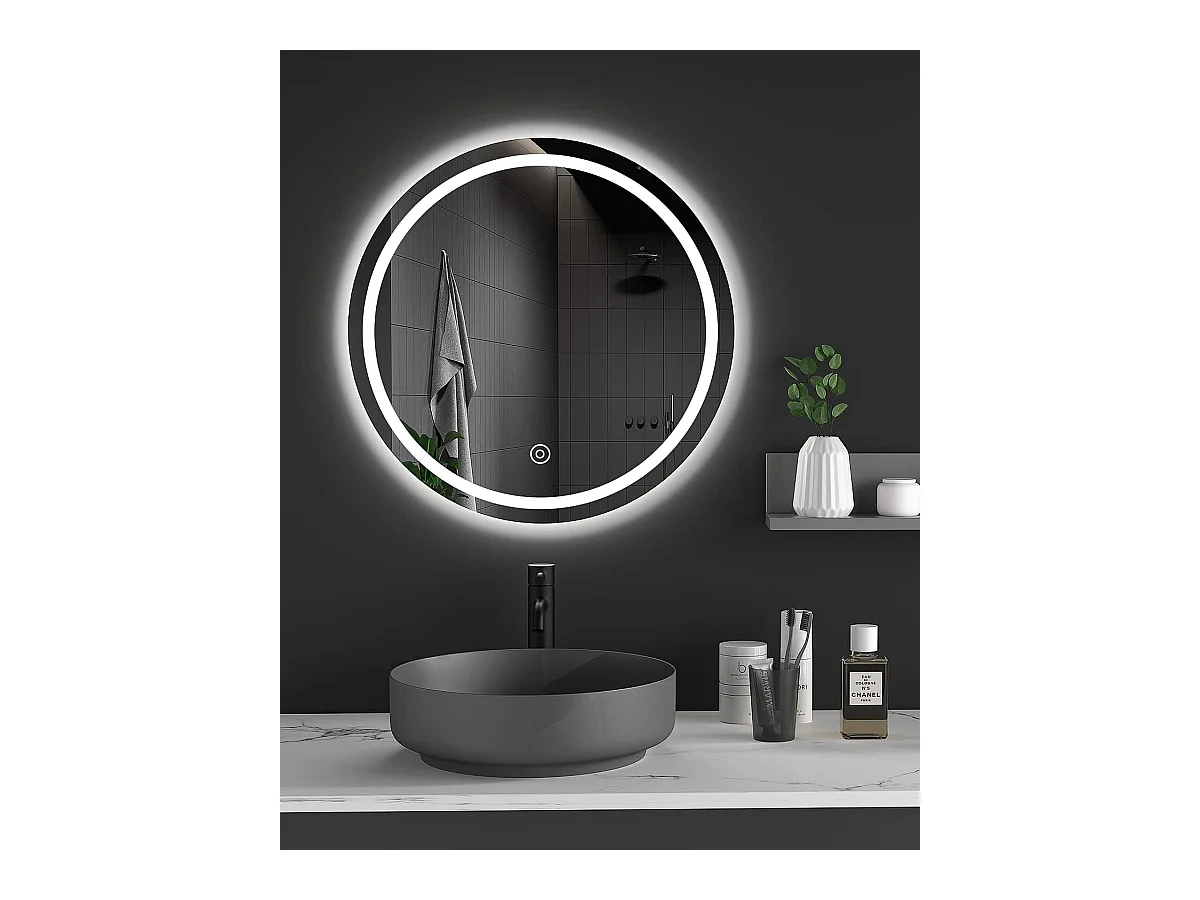 Miroir rond avec éclairage,Miroir de salle de bain LED avec interrupteur tactile,anti-buée,Blanc 60 x 60 cm