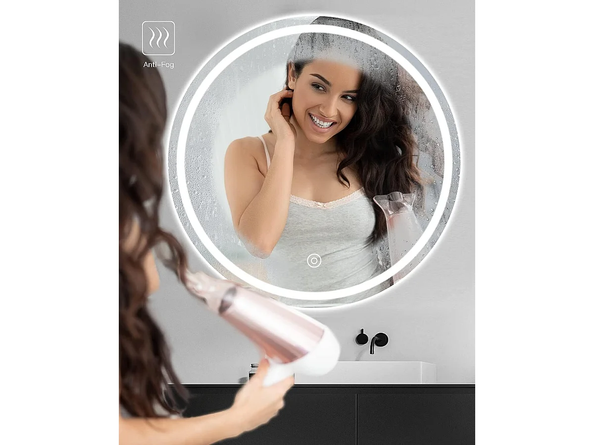 Miroir rond avec éclairage,Miroir de salle de bain LED avec interrupteur tactile,anti-buée,Blanc 60 x 60 cm