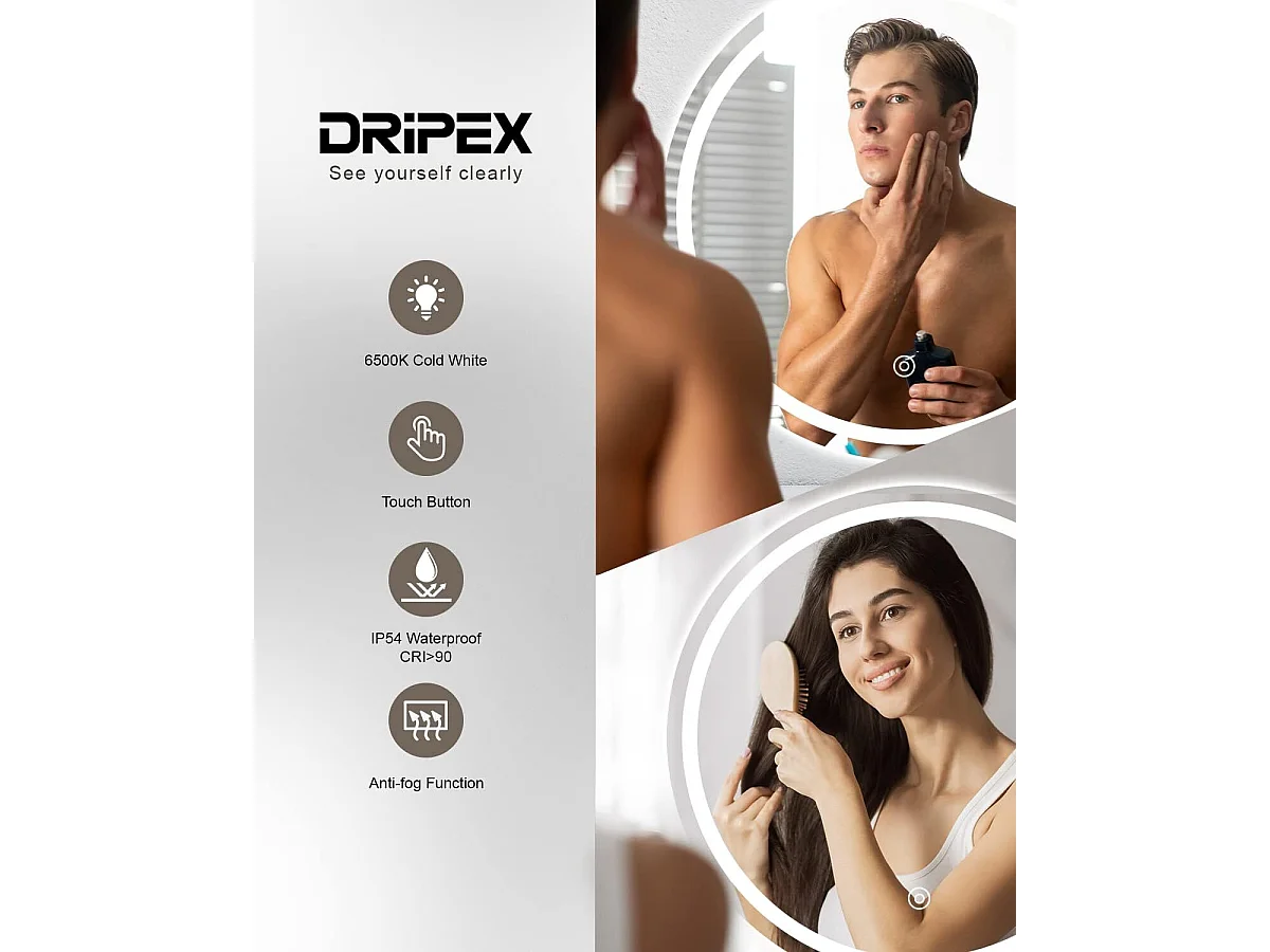 Miroir rond avec éclairage,Miroir de salle de bain LED avec interrupteur tactile,anti-buée,Blanc 60 x 60 cm