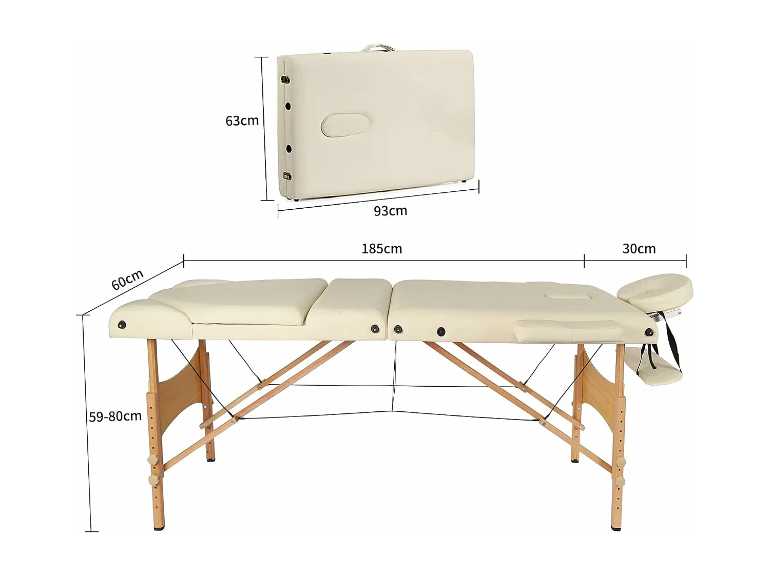 Table de massage Canapé de Massage Pliante Bois 3 Sections Lit Professionnel Cosmétique Esthetique Hauteur Réglable 215x60cm - Beige