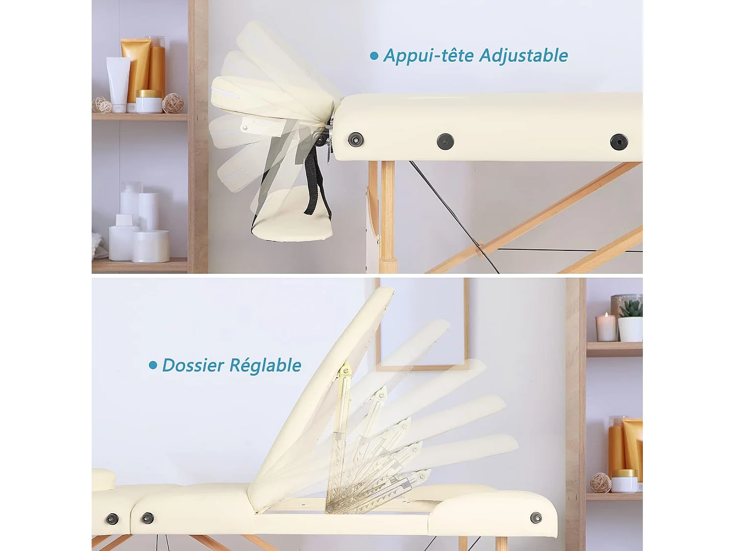 Table de massage Canapé de Massage Pliante Bois 3 Sections Lit Professionnel Cosmétique Esthetique Hauteur Réglable 215x60cm - Beige