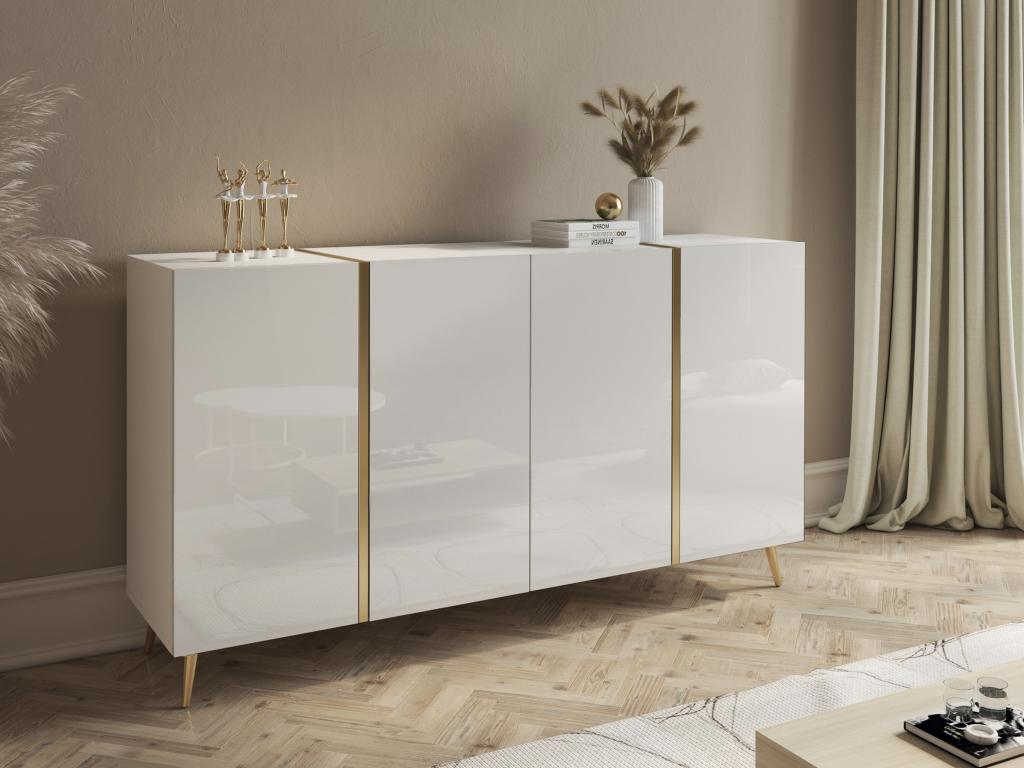 Sideboard mit 4 Türen - 158 cm - Weiß glänzend & Goldfarben - MARZIALO günstig online kaufen