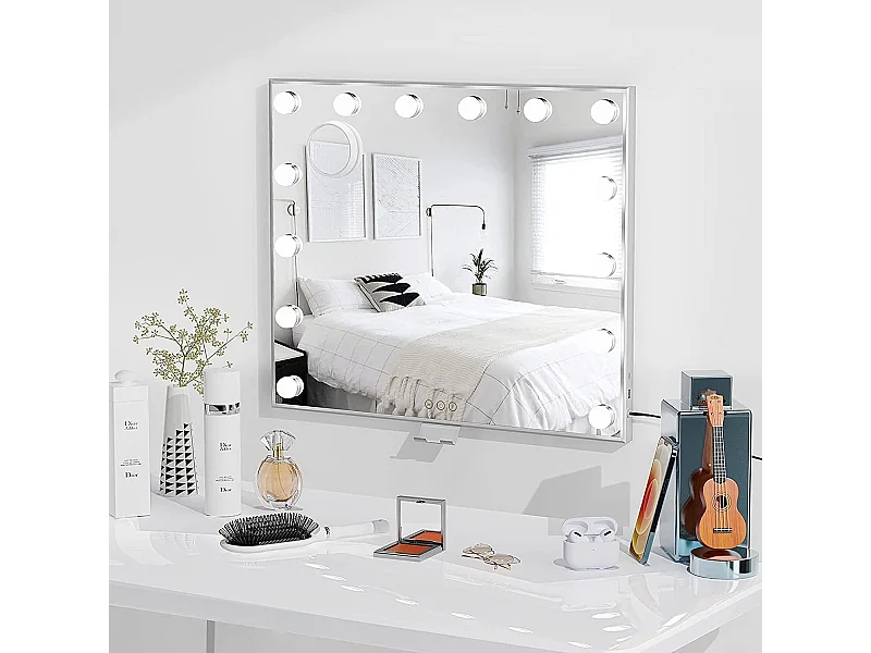 Specchio per trucco Hollywood 60 x 53 cm con luce 14 lampadine, specchio per trucco a LED 3 modalità regolabili touch Control USB