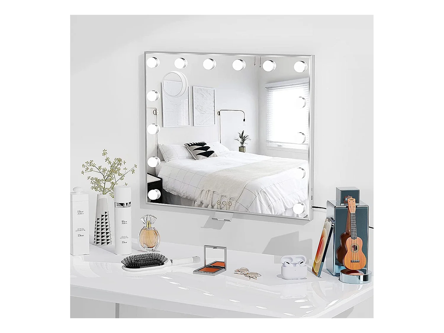 Miroir Maquillage Hollywood 60 x 53cm avec Lumière 14 Ampoules,Miroir Maquillage LED 3 Modes Réglables Contrôle Tactile Connecté USB