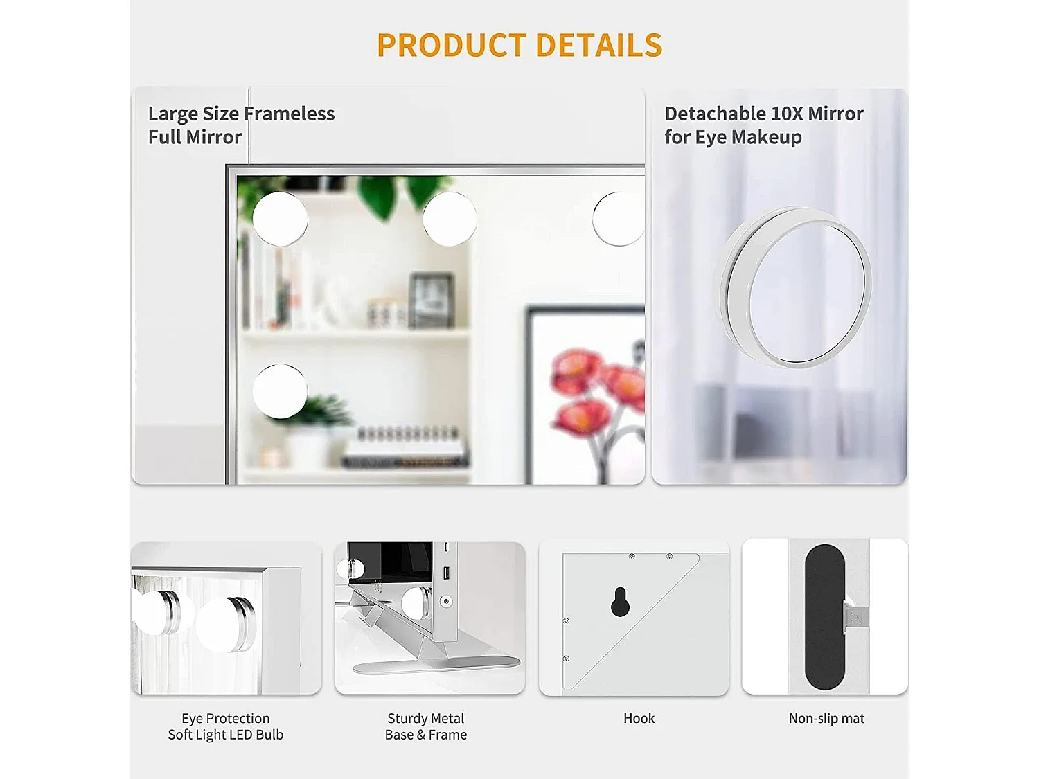 Miroir Maquillage Hollywood 60 x 53cm avec Lumière 14 Ampoules,Miroir Maquillage LED 3 Modes Réglables Contrôle Tactile Connecté USB