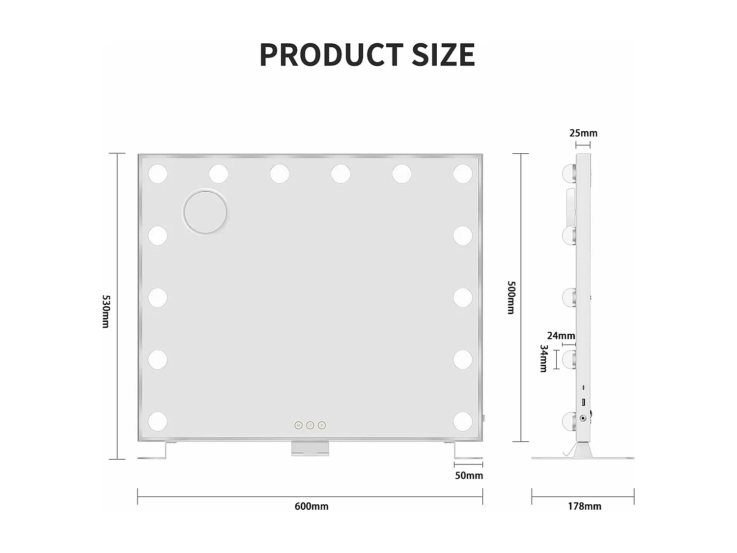 Miroir Maquillage Hollywood 60 x 53cm avec Lumière 14 Ampoules,Miroir Maquillage LED 3 Modes Réglables Contrôle Tactile Connecté USB