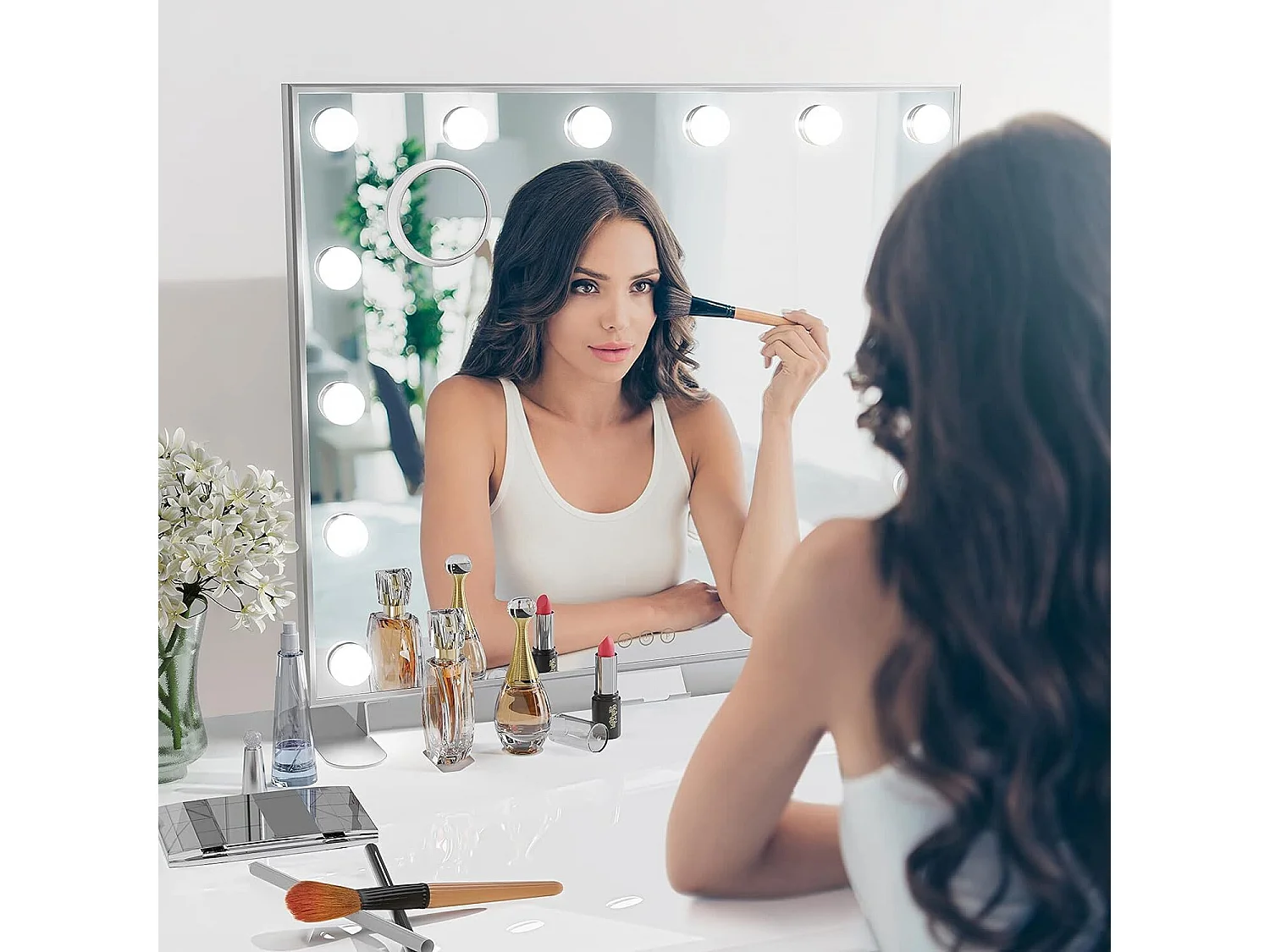 Miroir Maquillage Hollywood 60 x 53cm avec Lumière 14 Ampoules,Miroir Maquillage LED 3 Modes Réglables Contrôle Tactile Connecté USB