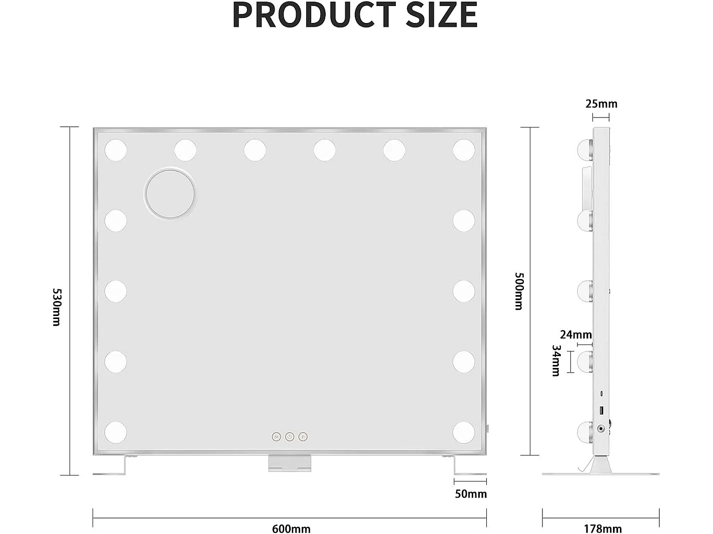 Miroir Maquillage Hollywood 60 x 53cm avec Lumière 14 Ampoules,Miroir Maquillage LED 3 Modes Réglables Contrôle Tactile Connecté USB