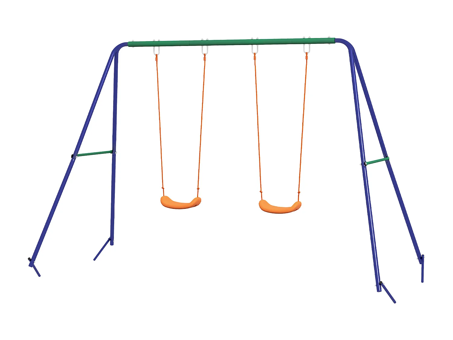 Balançoire 2 agrès portique avec 2 balançoires dim. 2,69L x 1,6l x 1,8H m métal époxy anticorrosion vert bleu PP orange