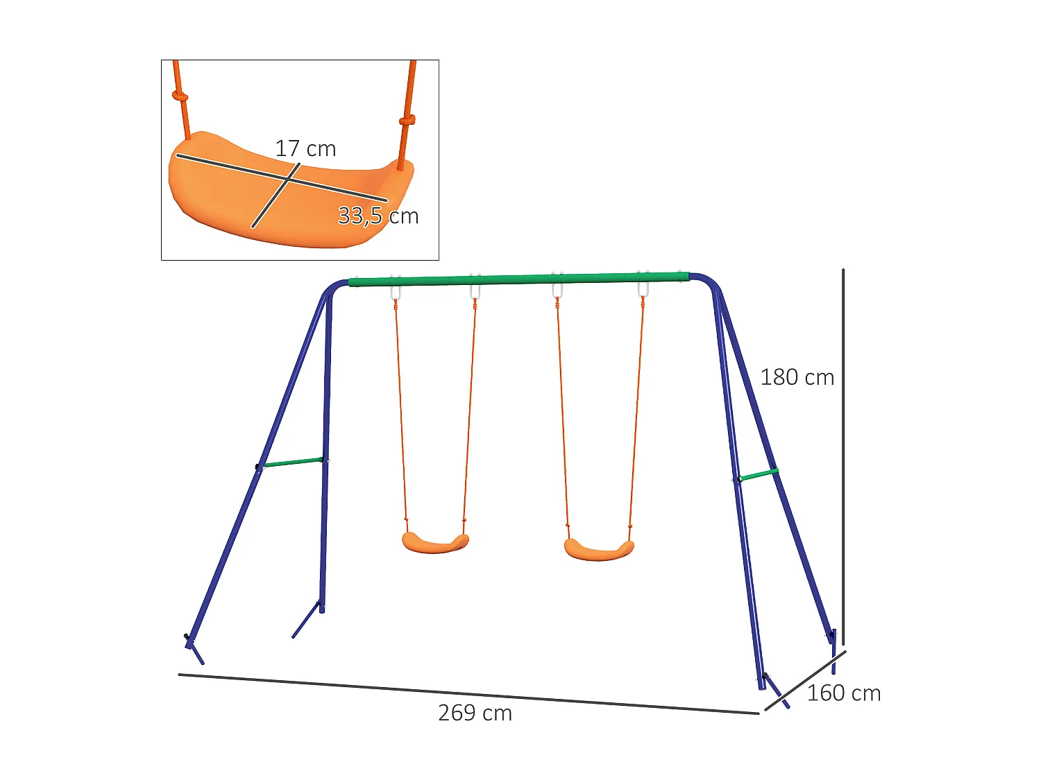 Balançoire 2 agrès portique avec 2 balançoires dim. 2,69L x 1,6l x 1,8H m métal époxy anticorrosion vert bleu PP orange