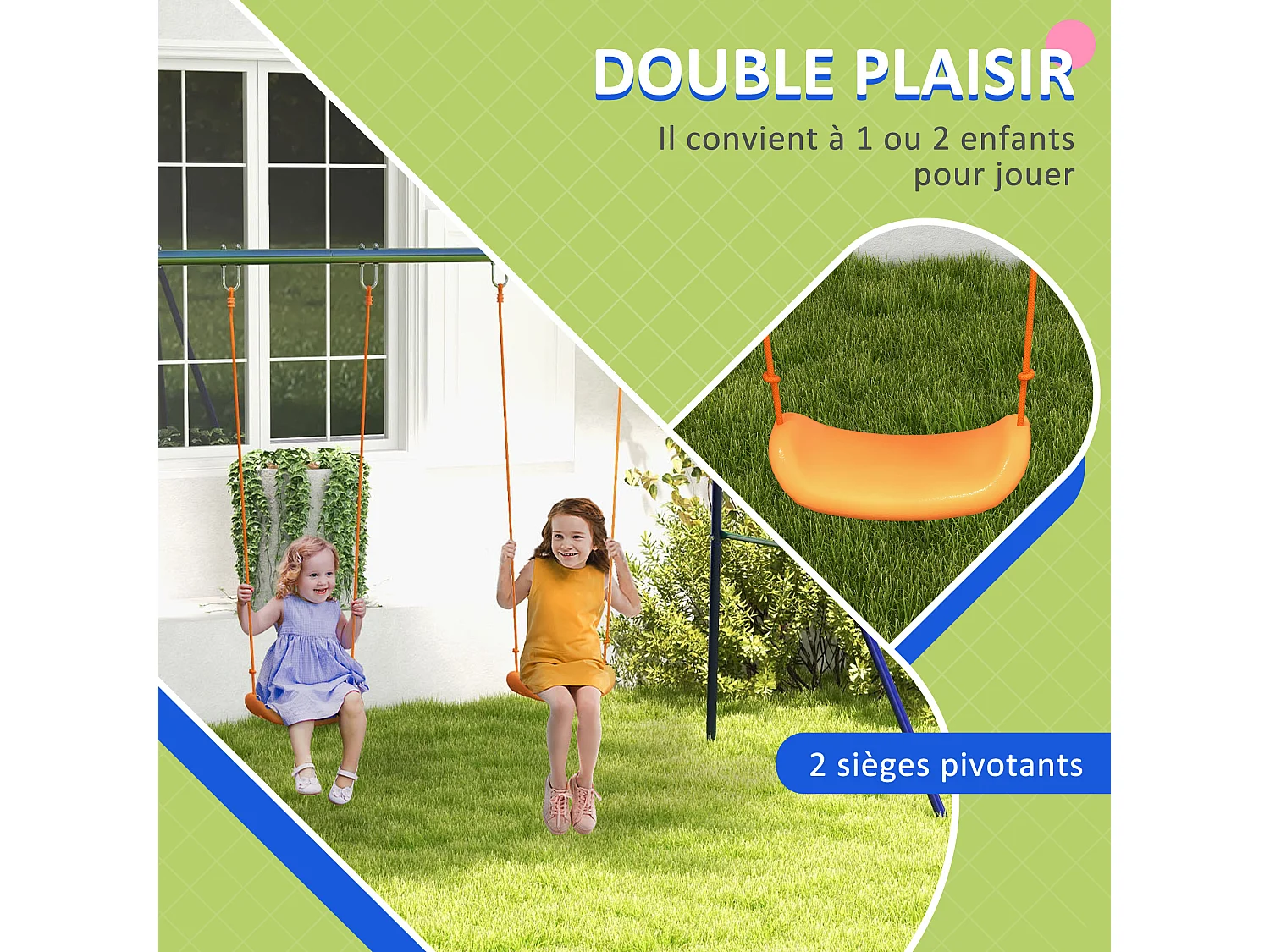Balançoire 2 agrès portique avec 2 balançoires dim. 2,69L x 1,6l x 1,8H m métal époxy anticorrosion vert bleu PP orange