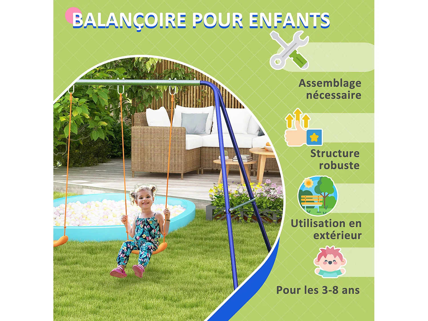 Balançoire 2 agrès portique avec 2 balançoires dim. 2,69L x 1,6l x 1,8H m métal époxy anticorrosion vert bleu PP orange