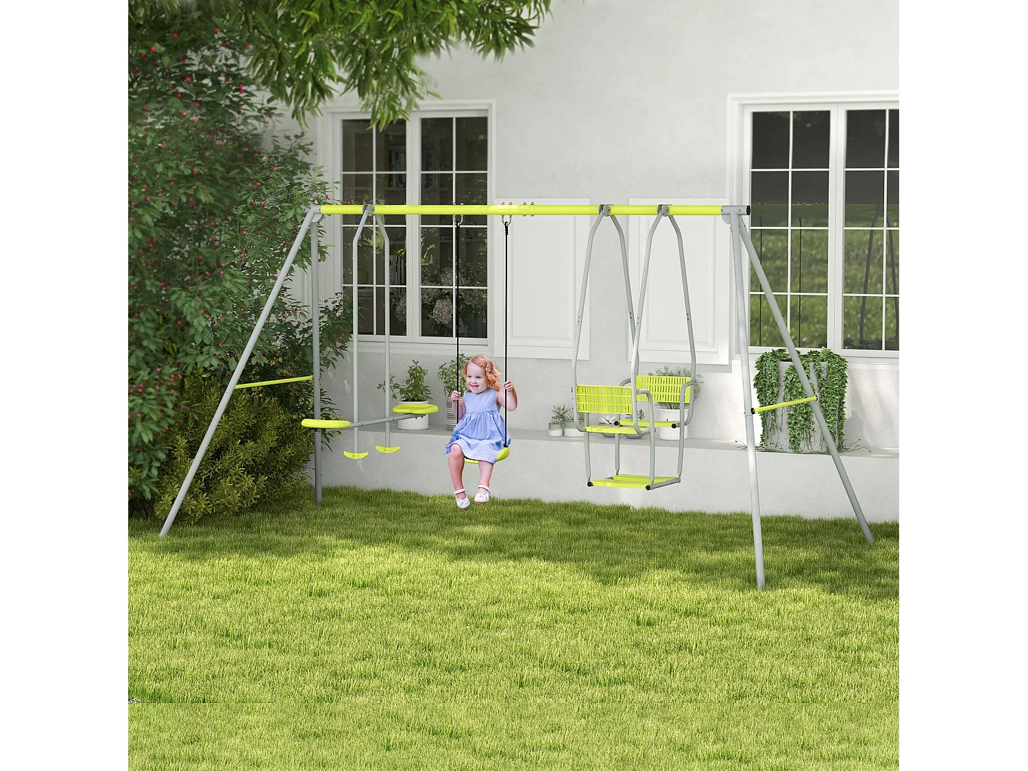 Balançoire 3 agrès portique 2 face à face et balançoire dim. 2,83L x 1,56l x 1,8H m métal époxy PE gris vert