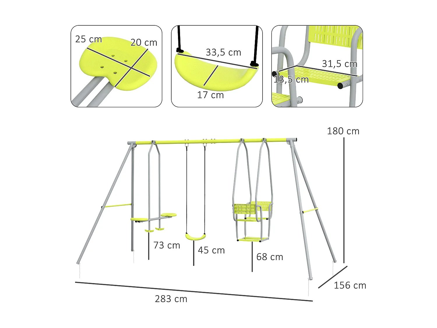 Balançoire 3 agrès portique 2 face à face et balançoire dim. 2,83L x 1,56l x 1,8H m métal époxy PE gris vert