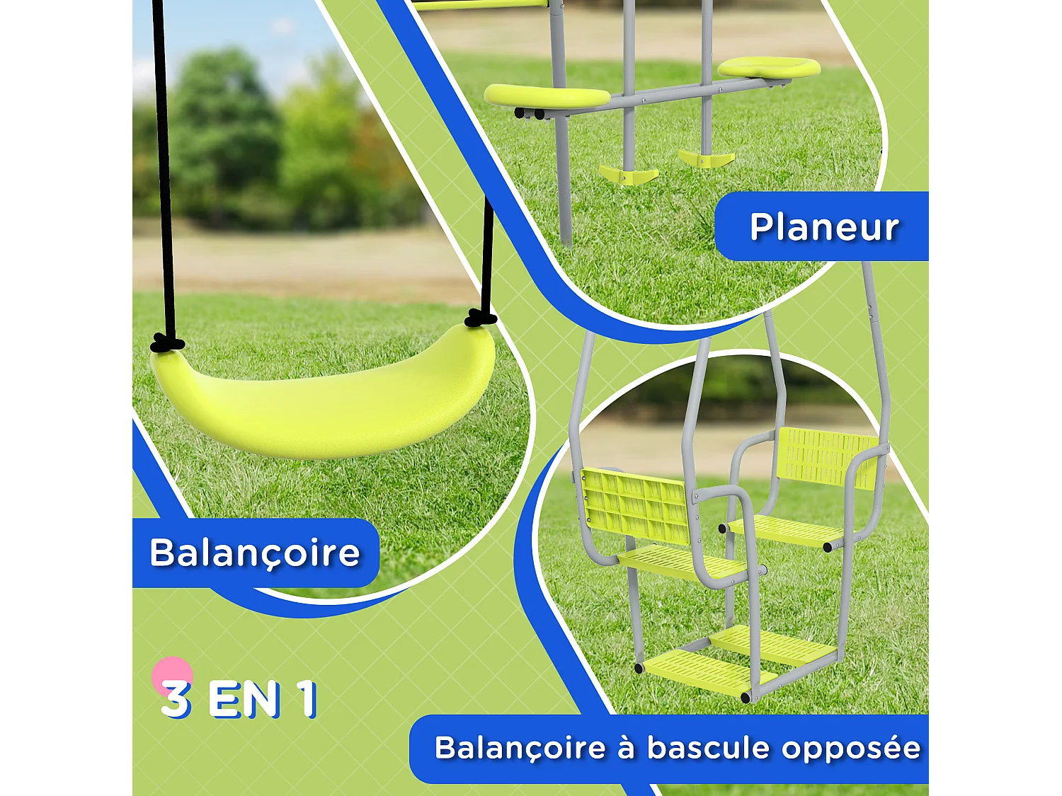 Balançoire 3 agrès portique 2 face à face et balançoire dim. 2,83L x 1,56l x 1,8H m métal époxy PE gris vert