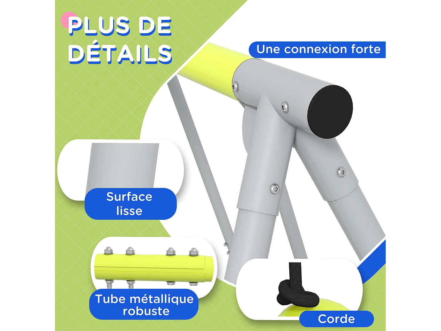 Balançoire 3 agrès portique 2 face à face et balançoire dim. 2,83L x 1,56l x 1,8H m métal époxy PE gris vert