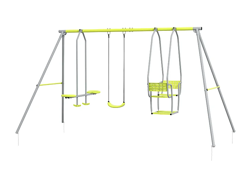 Balançoire 3 agrès portique 2 face à face et balançoire dim. 2,83L x 1,56l x 1,8H m métal époxy PE gris vert