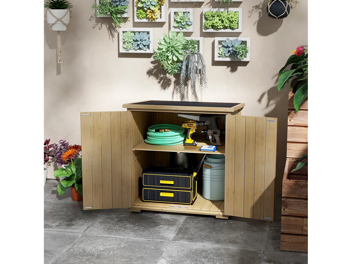 Armoire de jardin 2 portes croisillons étagère toit bitumé bois sapin pré-huilé