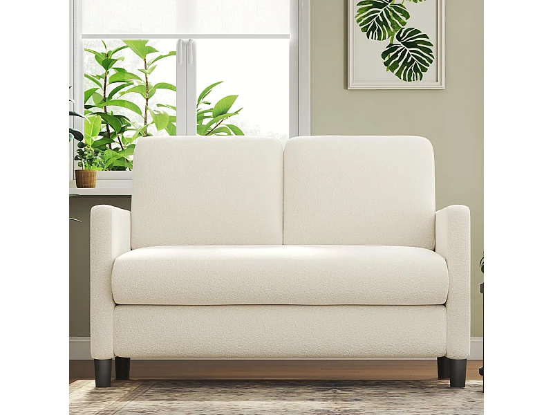 Canapé 2 places confort en Velours Teddy beige, avec assise profonde de 55cm et accoudoirs - 128x78x89cm