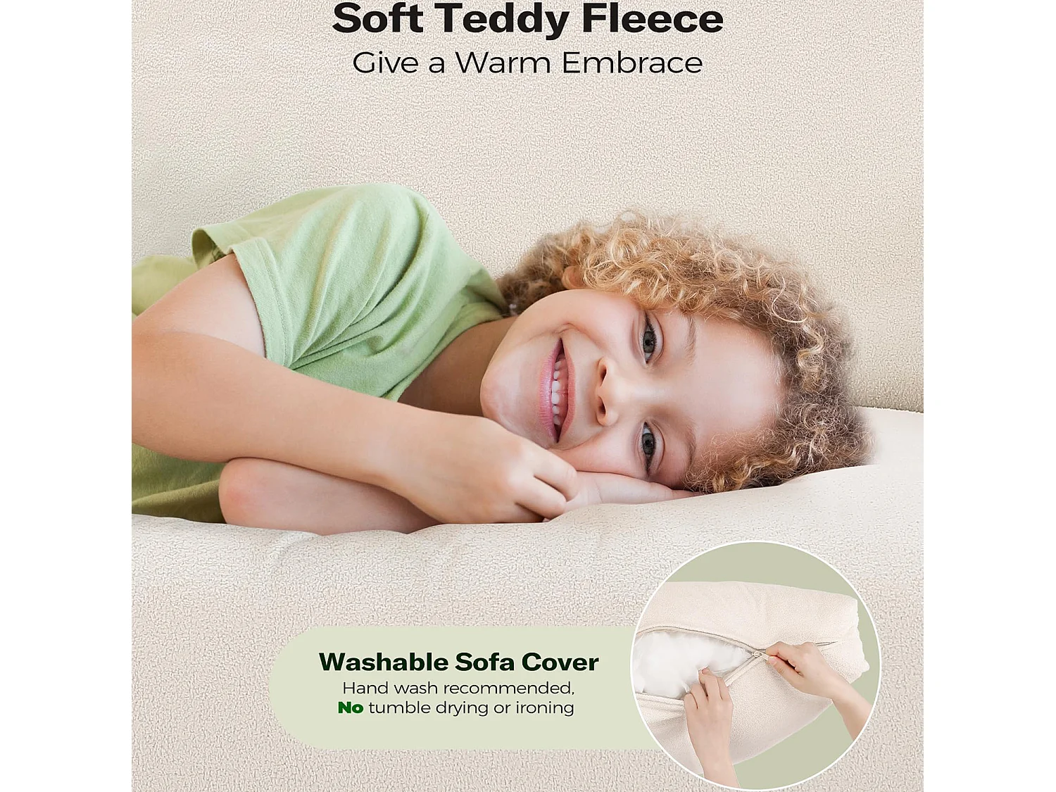 Divano comfort 2 posti in velluto Teddy beige, con seduta profonda 55 cm e braccioli - 128x78x89 cm