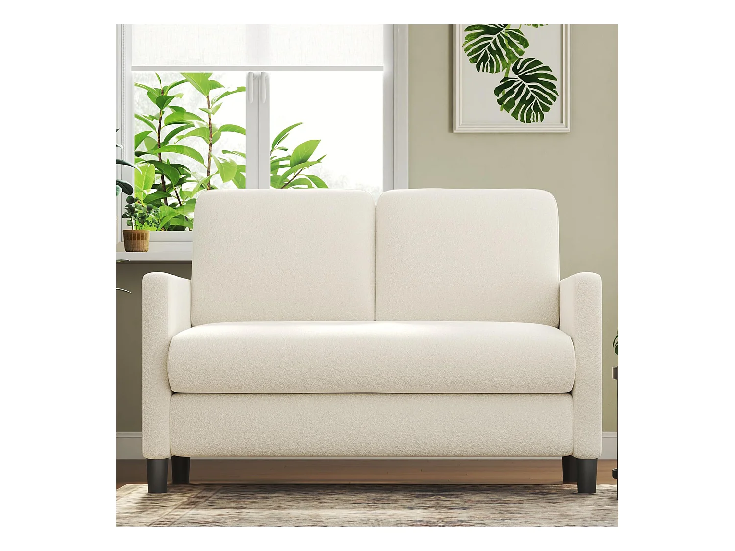 2-zitsbank van teddyfluweel, rechte minicomfortbank van massief hout, loveseat met armleuningen, 128x78x89cm, beige