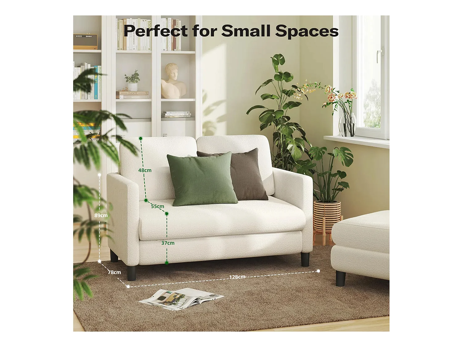 2 -seerer Komfortsofa in Teddy Beige Samt, mit tiefen Sitz von 55 cm und Armlehnen - 128x78x89cm