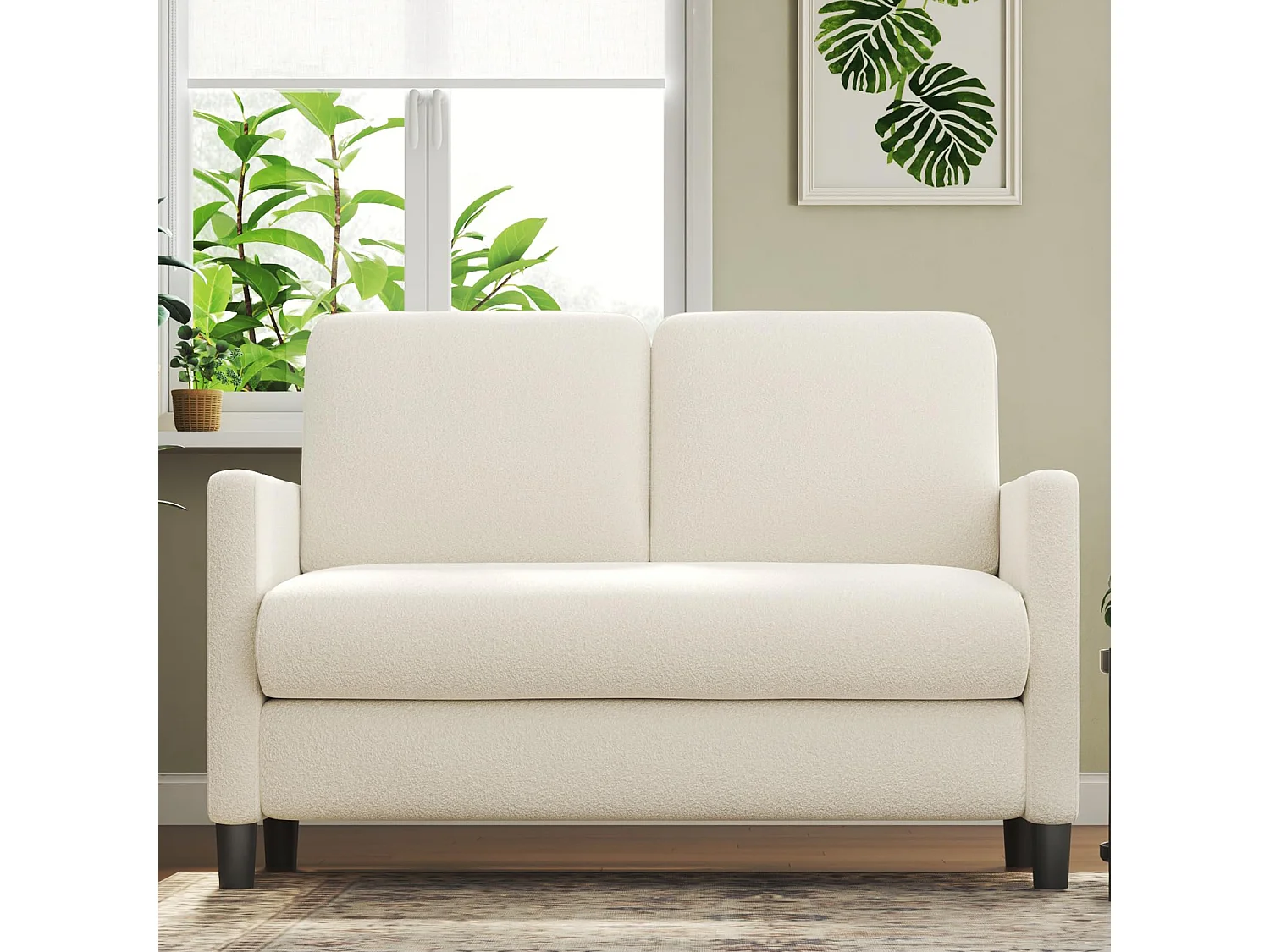 2 -seerer Komfortsofa in Teddy Beige Samt, mit tiefen Sitz von 55 cm und Armlehnen - 128x78x89cm