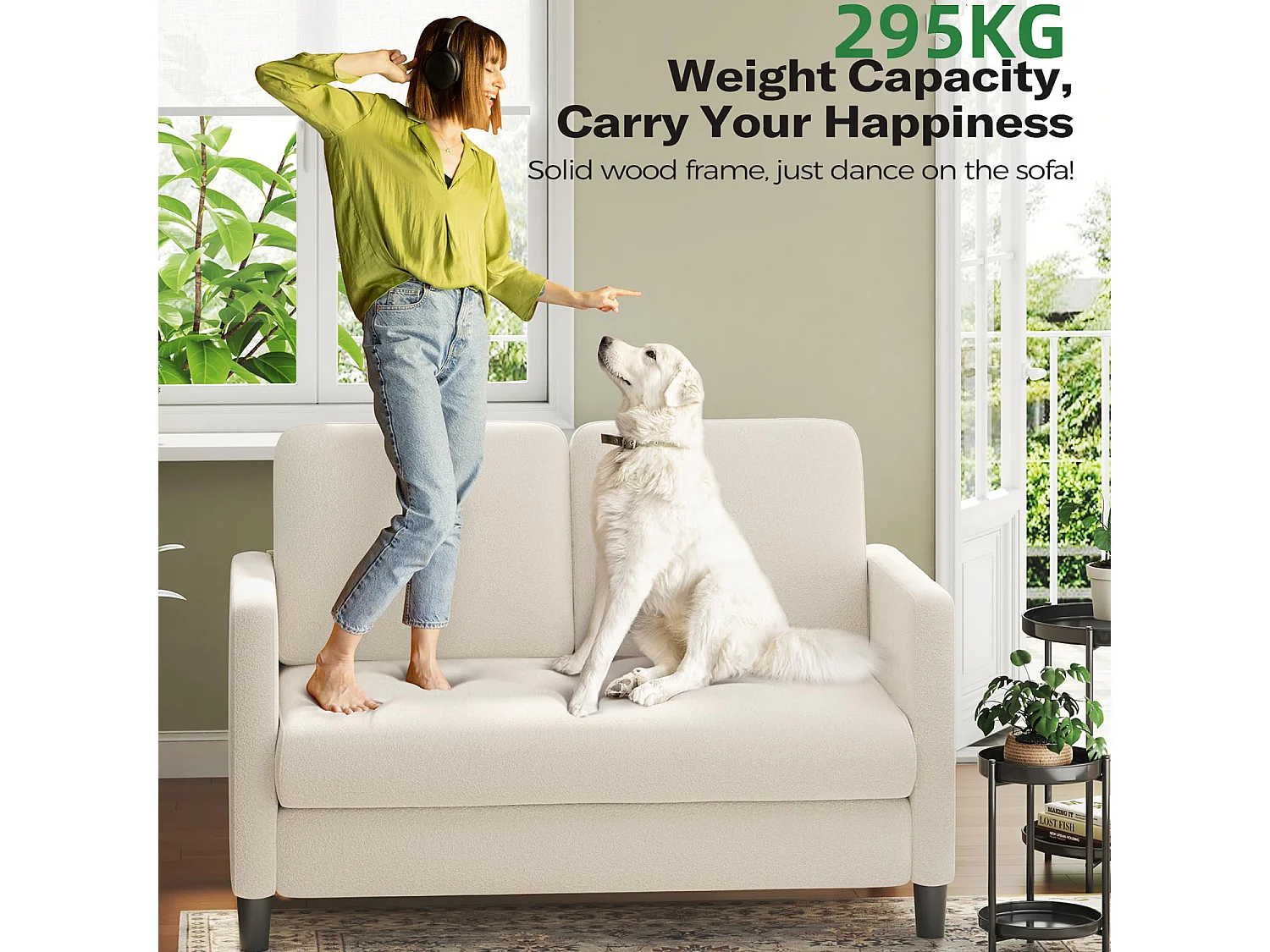 2 -seerer Komfortsofa in Teddy Beige Samt, mit tiefen Sitz von 55 cm und Armlehnen - 128x78x89cm