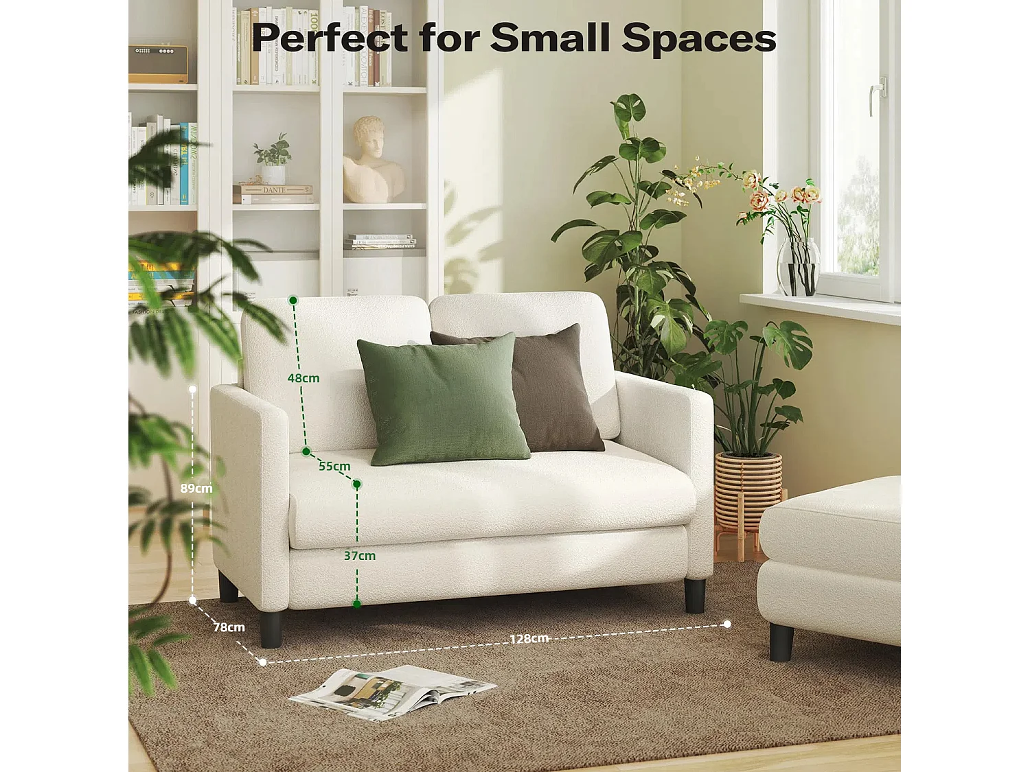 2 -seerer Komfortsofa in Teddy Beige Samt, mit tiefen Sitz von 55 cm und Armlehnen - 128x78x89cm