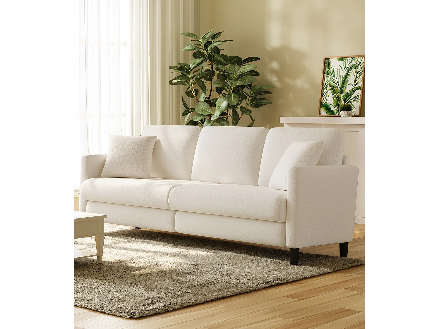 Divano da 3 -usatro in orsacchiotto, grande divano destro comfort in legno massiccio, ama con i braccioli, 210 x 79 x 89 cm - beige