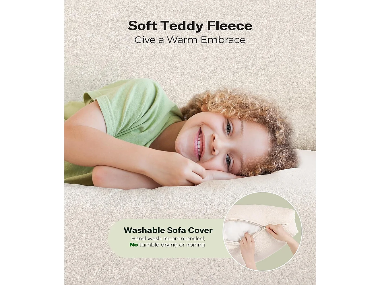 Divano da 3 -usatro in orsacchiotto, grande divano destro comfort in legno massiccio, ama con i braccioli, 210 x 79 x 89 cm - beige