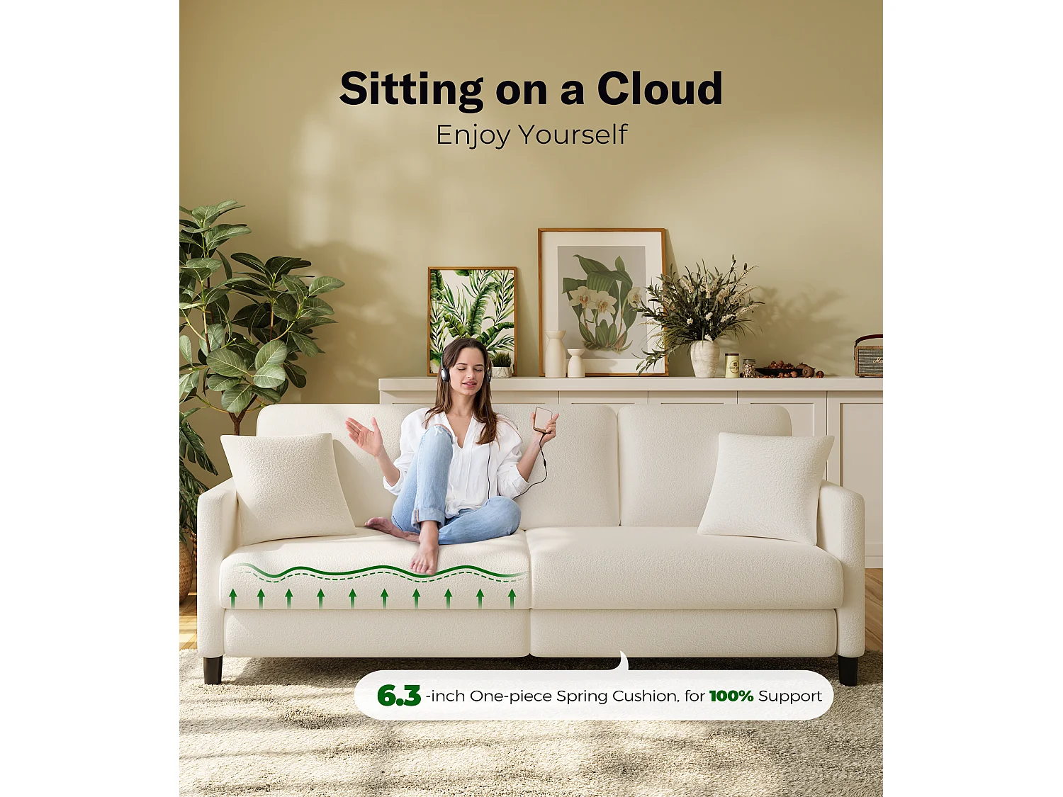 Divano da 3 -usatro in orsacchiotto, grande divano destro comfort in legno massiccio, ama con i braccioli, 210 x 79 x 89 cm - beige