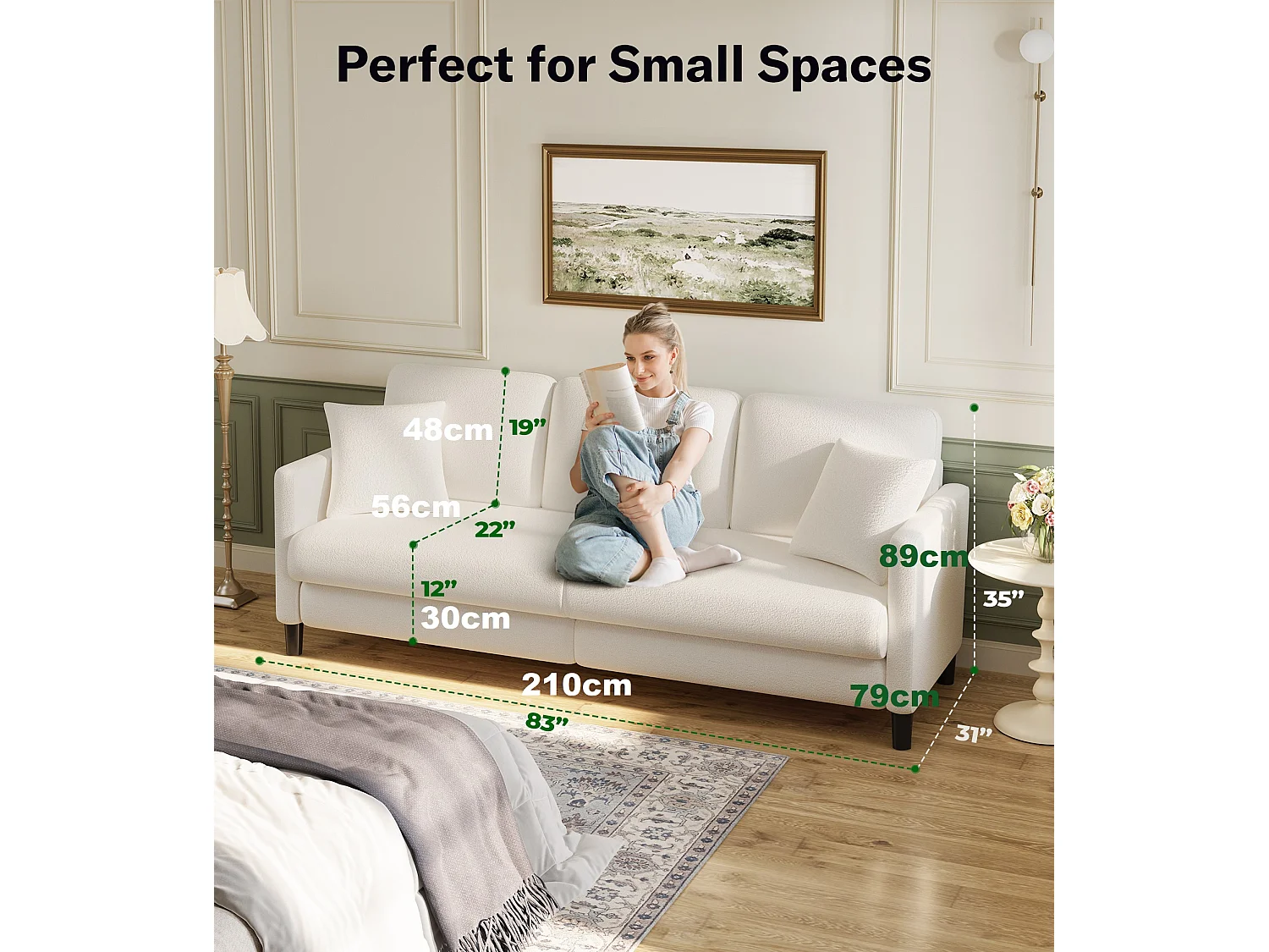 Divano da 3 -usatro in orsacchiotto, grande divano destro comfort in legno massiccio, ama con i braccioli, 210 x 79 x 89 cm - beige