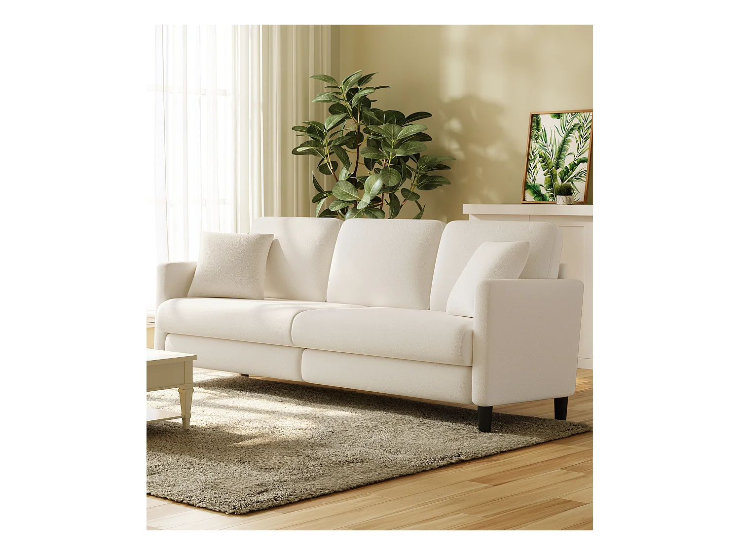 3-zitsbank van teddyfluweel, grote comfortabele rechte bank van massief hout, loveseat met armleuningen, 210 x 79 x 89 cm - Beige