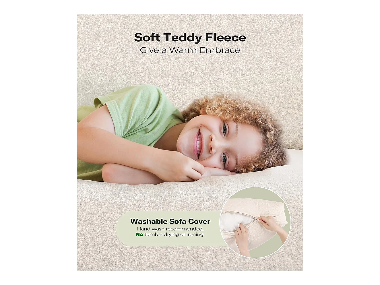 3-zitsbank van teddyfluweel, grote comfortabele rechte bank van massief hout, loveseat met armleuningen, 210 x 79 x 89 cm - Beige