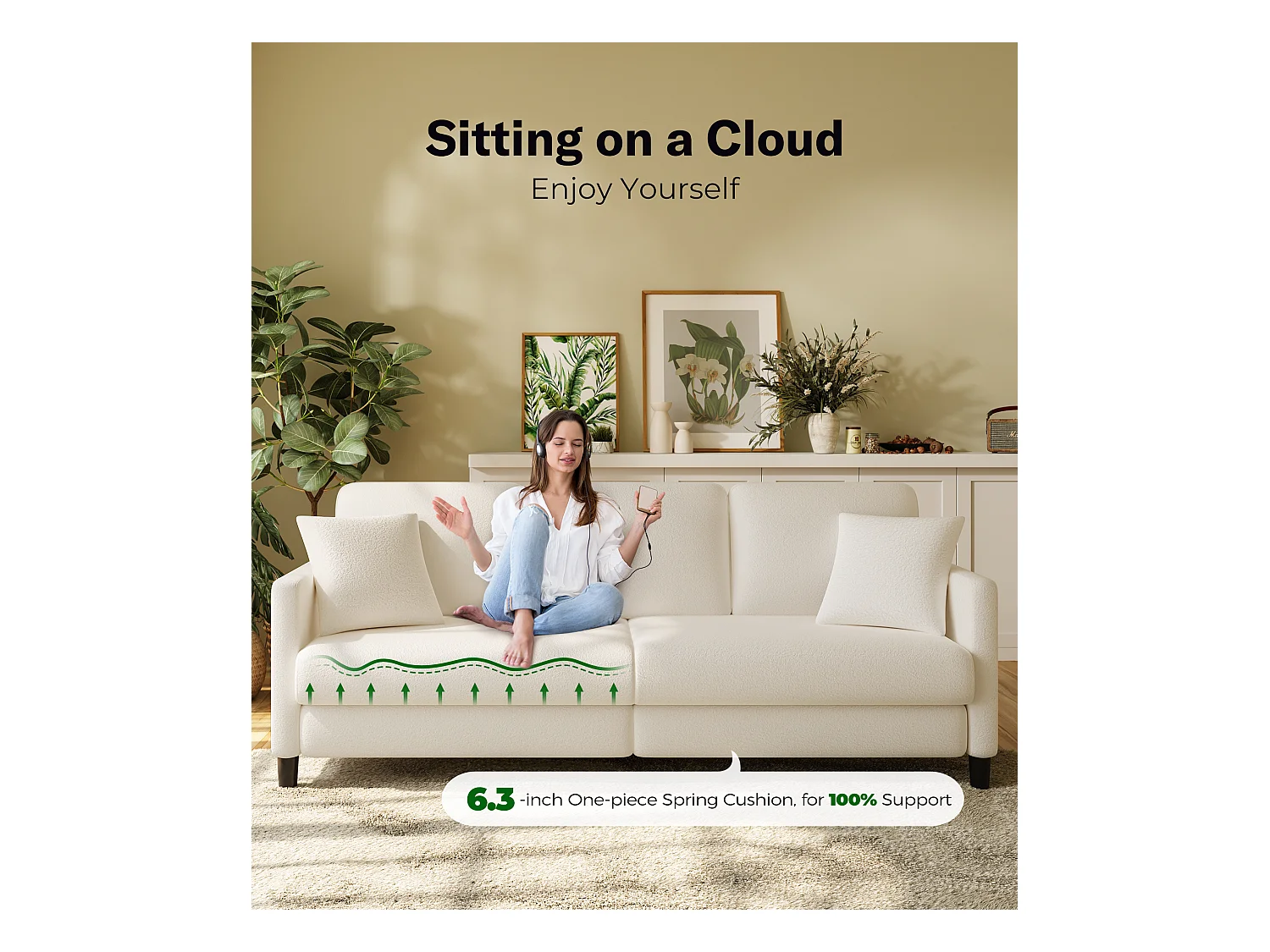 3-zitsbank van teddyfluweel, grote comfortabele rechte bank van massief hout, loveseat met armleuningen, 210 x 79 x 89 cm - Beige