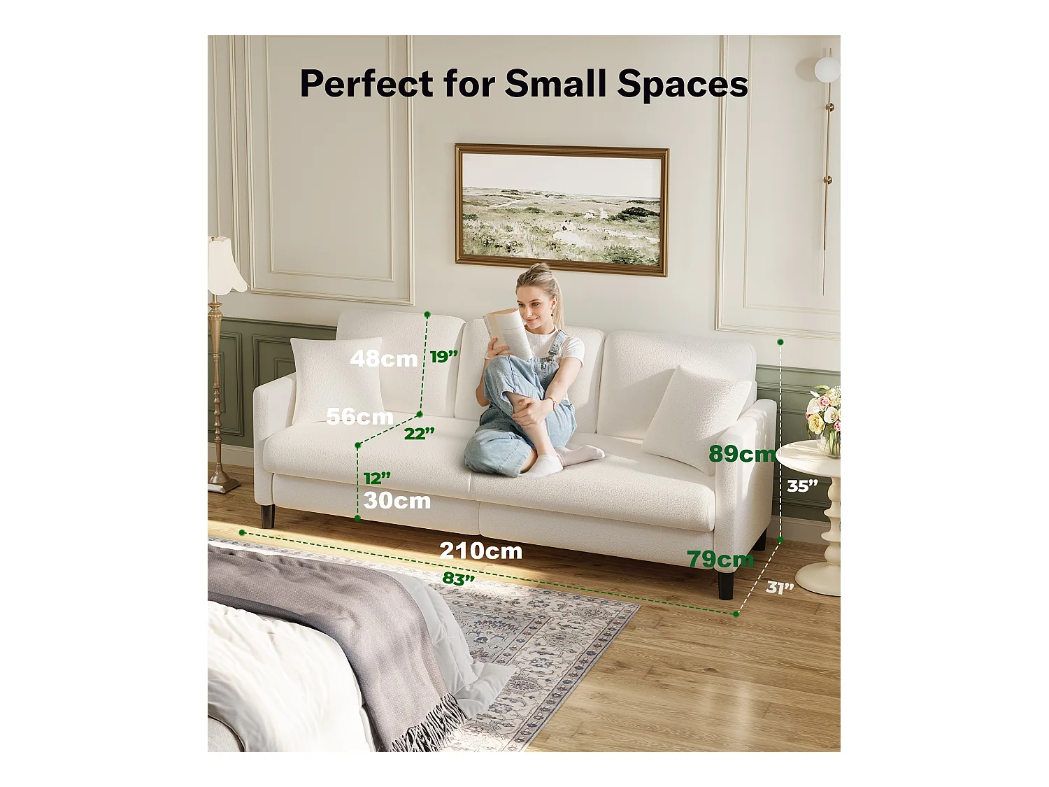 3-zitsbank van teddyfluweel, grote comfortabele rechte bank van massief hout, loveseat met armleuningen, 210 x 79 x 89 cm - Beige