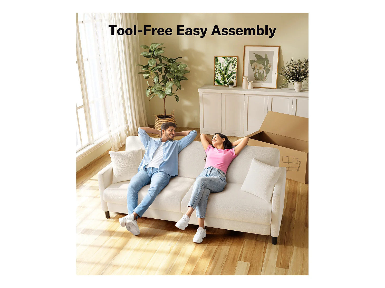 3-zitsbank van teddyfluweel, grote comfortabele rechte bank van massief hout, loveseat met armleuningen, 210 x 79 x 89 cm - Beige